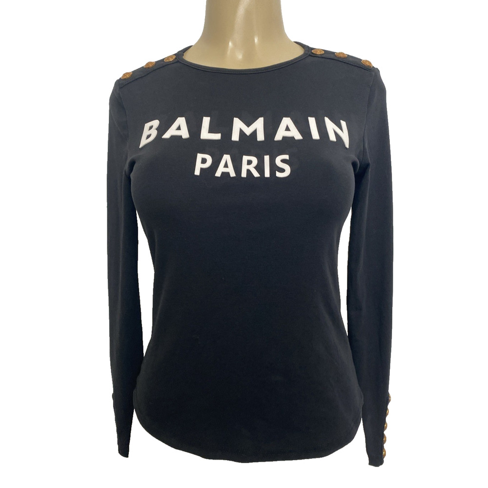 Balmain Black Top White Logo Long Sleeve Gold Buttons Women Knit Crew Neck S